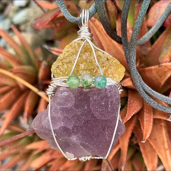 Gold Barite, Fluorite Drusy & Moss Agate Necklace - Picture 6 of 16